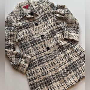 Ann Klein Women’s L Wool Blend Tweed Plaid Dress Coat Cream Black Lined Classic